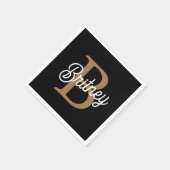 Serviette En Papier Monogramme moderne élégant Nom Black Gold Script (Coin)