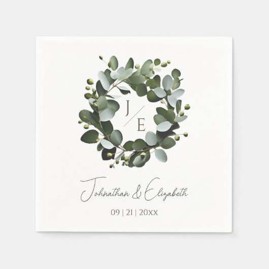Serviette En Papier Monogramme moderne Eucalyptus Mariage de couronne (Devant)