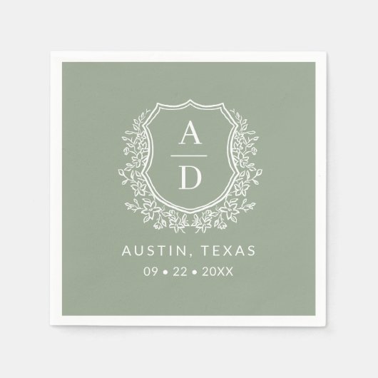 Serviette En Papier Monogramme moderne Mariage Sage Green Crest (Devant)