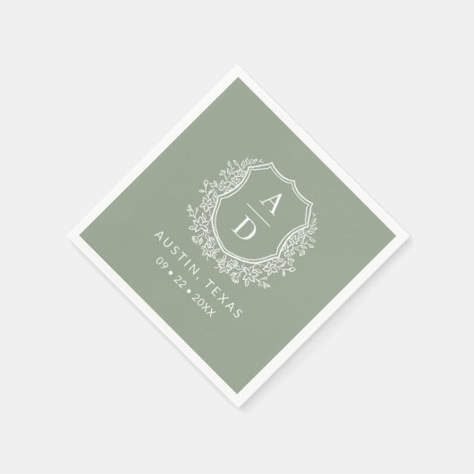 Serviette En Papier Monogramme moderne Mariage Sage Green Crest (Coin)