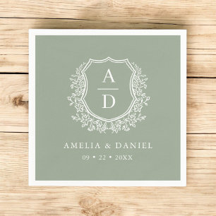 Serviette En Papier Monogramme moderne Mariage Sage Green Crest