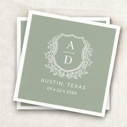 Serviette En Papier Monogramme moderne Mariage Sage Green Crest