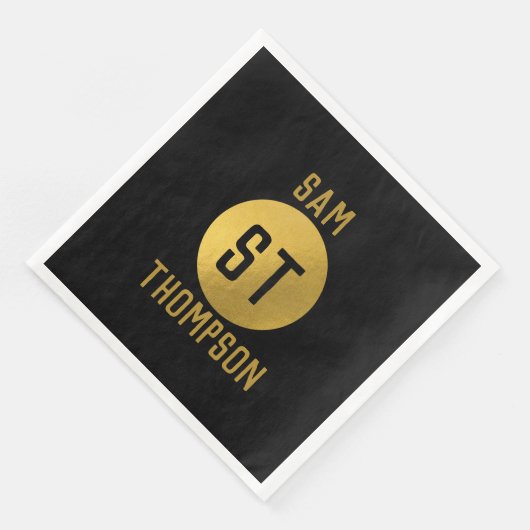 Serviette En Papier Monogramme moderne noir & or élégant personnalisé (Coin)