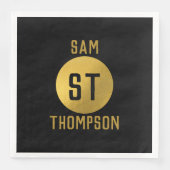 Serviette En Papier Monogramme moderne noir & or élégant personnalisé (Devant)