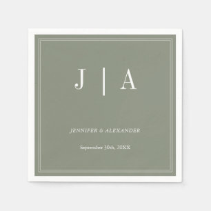 Serviette En Papier Monogramme Moderne Simple Sage Vert Mariage blanc