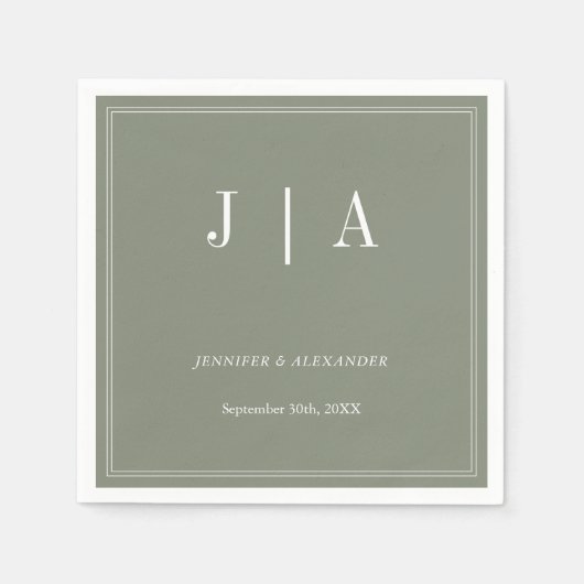 Serviette En Papier Monogramme Moderne Simple Sage Vert Mariage blanc (Devant)