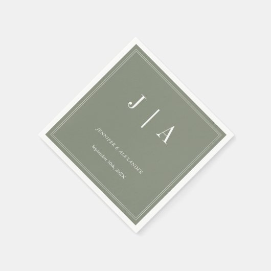 Serviette En Papier Monogramme Moderne Simple Sage Vert Mariage blanc (Coin)
