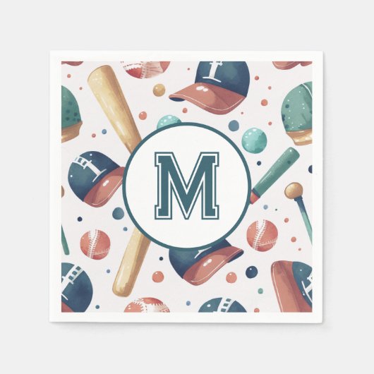 Serviette En Papier Monogramme Motif de baseball Personnalisé (Devant)