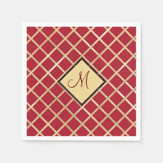 Serviette En Papier Monogramme Motif géométrique Diamant Or Rouge (Devant)