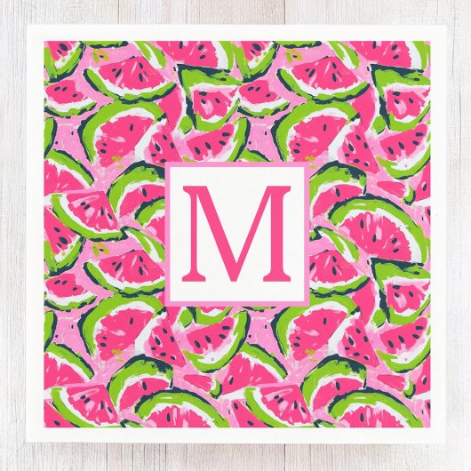 Serviette En Papier Monogramme motif tranches de pastèque rose