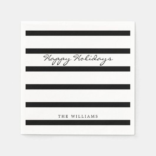 Serviette En Papier Monogramme noir & blanc moderne Stripe Happy Holid (Devant)