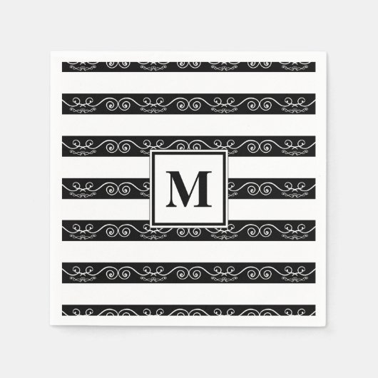Serviette En Papier Monogramme Noir Blanc rayé (Devant)