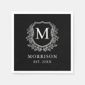 Serviette En Papier Monogramme Noir Crest Mariage botanique moderne (Devant)