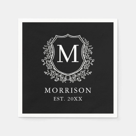 Serviette En Papier Monogramme Noir Crest Mariage botanique moderne (Devant)