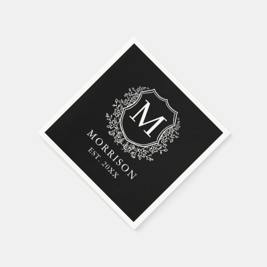 Serviette En Papier Monogramme Noir Crest Mariage botanique moderne (Coin)