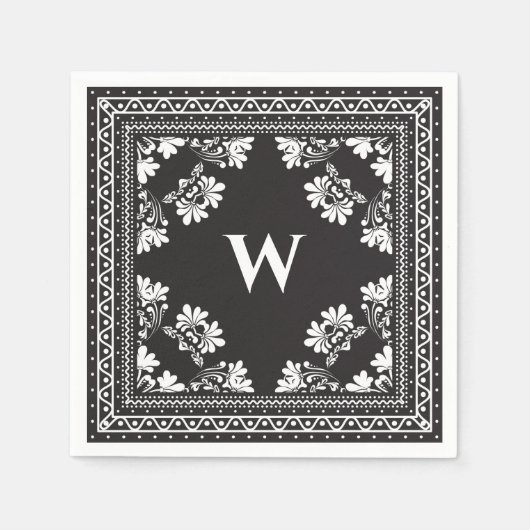 Serviette En Papier monogramme noir et blanc bandanna motif (Devant)