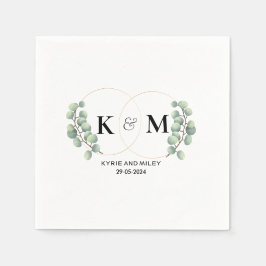 Serviette En Papier monogramme noir et blanc eucalyptus mariage (Devant)