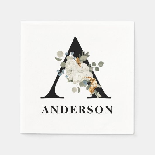 Serviette En Papier Monogramme noir floral blanc A (Devant)