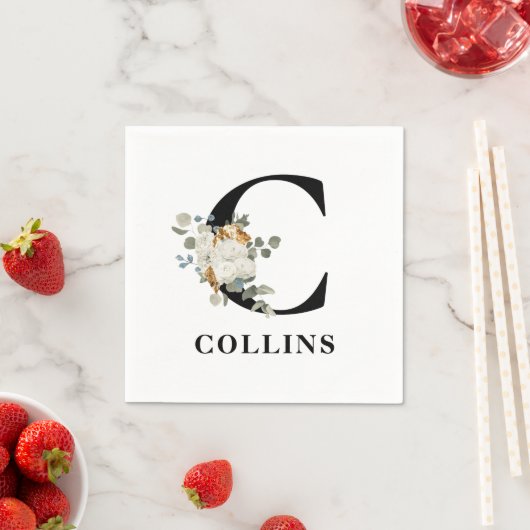 Serviette En Papier Monogramme noir floral blanc C (En situation)