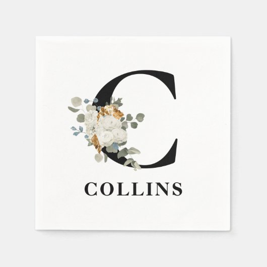Serviette En Papier Monogramme noir floral blanc C (Devant)