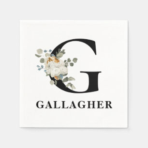 Serviette En Papier Monogramme noir floral blanc G