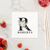 Serviette En Papier Monogramme noir floral blanc R (En situation)