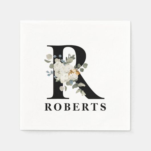 Serviette En Papier Monogramme noir floral blanc R (Devant)