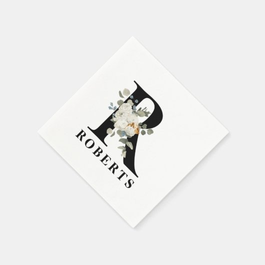 Serviette En Papier Monogramme noir floral blanc R (Coin)