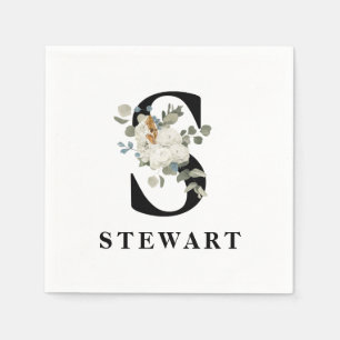 Serviette En Papier Monogramme noir floral blanc S