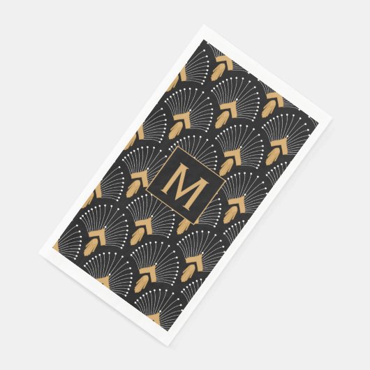 Serviette En Papier Monogramme Noir, Or, Blanc Fleurs Ventilateurs Art (Coin)