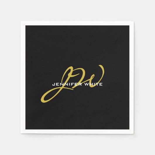 Serviette En Papier Monogramme Noir Or Couleur Plaque Moderne Nom prop (Devant)