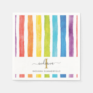 Serviette En Papier Monogramme Nom Aquarelle Arc-en-ciel Coloré Rayure