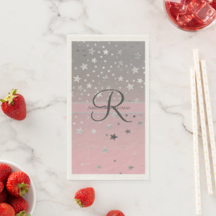 Serviette En Papier Monogramme Nom rose Gris argenté étoiles Mariage