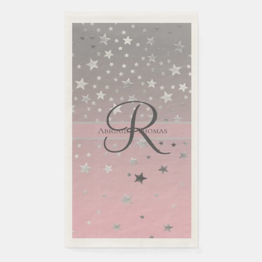 Serviette En Papier Monogramme Nom rose Gris argenté étoiles Mariage (Devant)