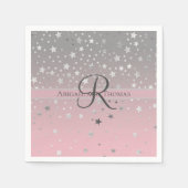 Serviette En Papier Monogramme Nom rose Gris argenté étoiles Mariage (Devant)