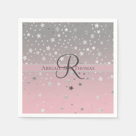 Serviette En Papier Monogramme Nom rose Gris argenté étoiles Mariage (Devant)