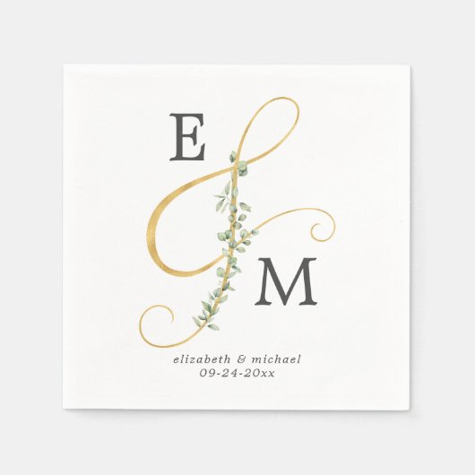 Serviette En Papier Monogramme or Ampersand Eucalyptus Mariage (Devant)