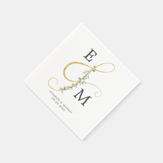 Serviette En Papier Monogramme or Ampersand Eucalyptus Mariage (Coin)