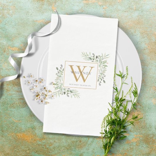 Serviette En Papier Monogramme Or Élégant Vert Moderne