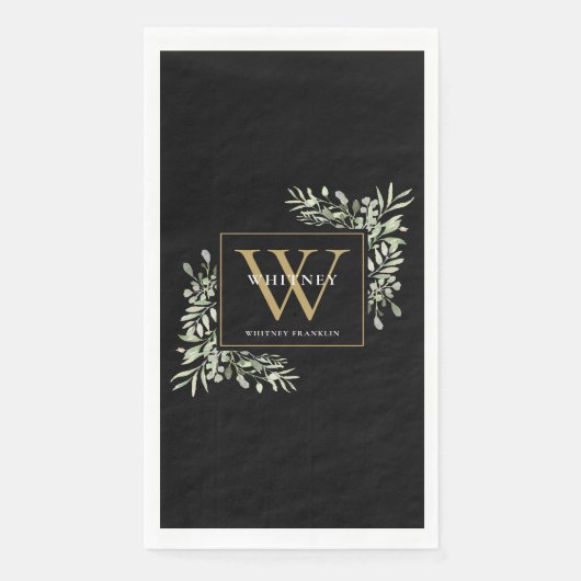 Serviette En Papier Monogramme Or Elégant Vert Moderne Noir (Devant)