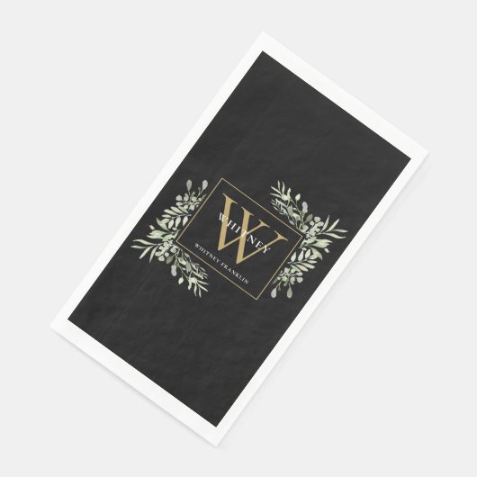 Serviette En Papier Monogramme Or Elégant Vert Moderne Noir (Coin)