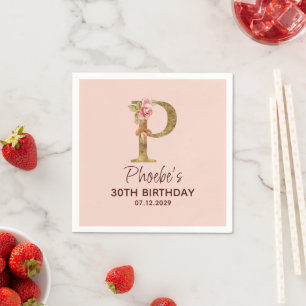 Serviette En Papier Monogramme Or Lettre P en Or avec Roses Rose Clair