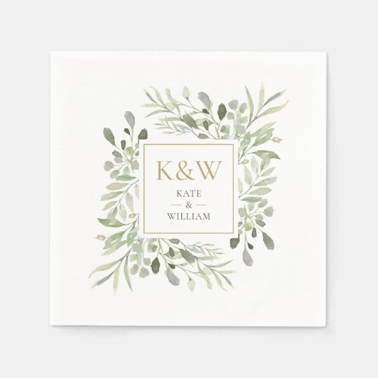 Serviette En Papier Monogramme or Mariage d'aquarelle verte (Devant)