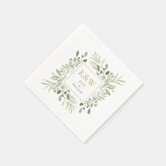 Serviette En Papier Monogramme or Mariage d'aquarelle verte (Coin)