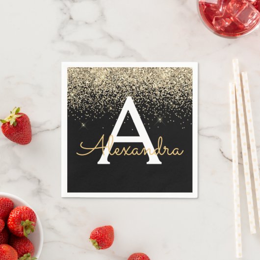 Serviette En Papier Monogramme Parties scintillant de luxe noir or (En situation)