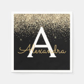 Serviette En Papier Monogramme Parties scintillant de luxe noir or (Devant)