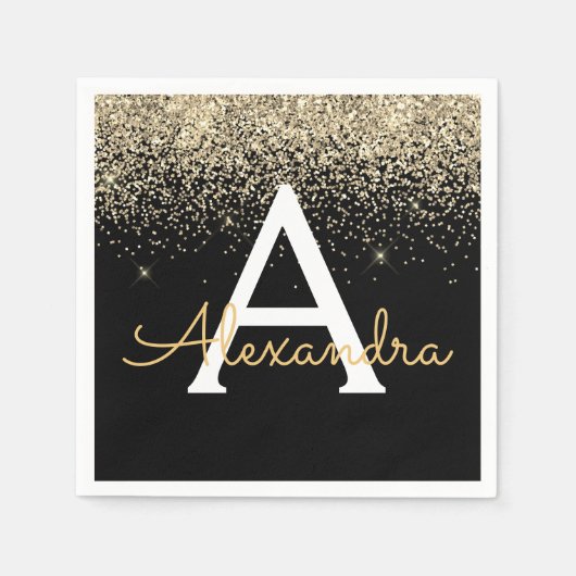 Serviette En Papier Monogramme Parties scintillant de luxe noir or (Devant)