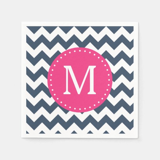 Serviette En Papier Monogramme personnalisé bleu marine et rose chaud (Devant)