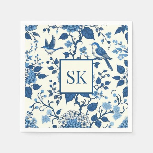 Serviette En Papier Monogramme personnalisé Chinoiserie Bleu et blanc (Devant)