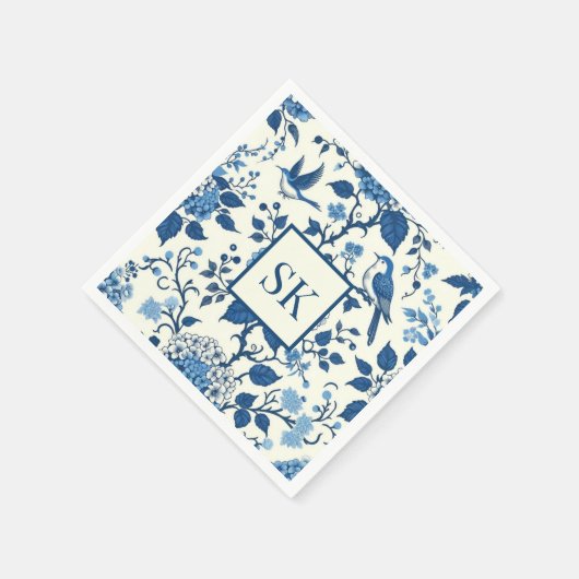 Serviette En Papier Monogramme personnalisé Chinoiserie Bleu et blanc (Coin)
